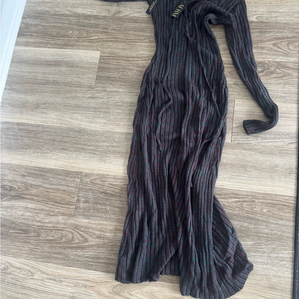 AFRM Long Sleeve Ribbed Maxi Dress in Black with Subtle Burgundy Stripes